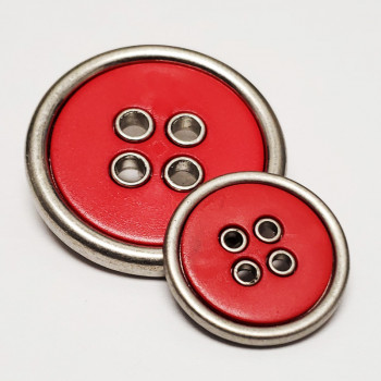 370731 Large, 4-Hole Coat Button in Matte Silver with Matte Red Center - 3 Sizes