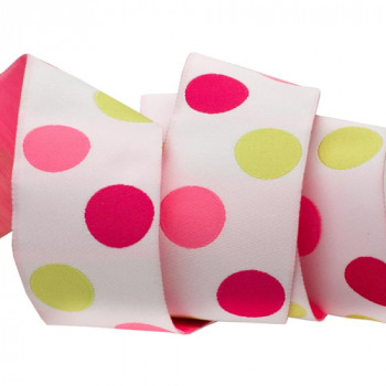 5-305 Col. 4 Magenta, pink, green dots on white Jacquard 1 1/2" 5-305 Col. 4 Magenta, pink, green dots on white Jacquard 1 1/2"
