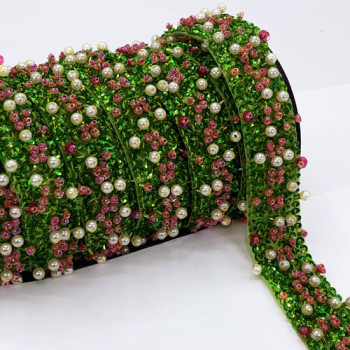 57470 Green and Pink Beaded Ribbon, 3/4" - Sold by the Yard