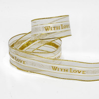 7119 With Love Gold Metallic Wired Ribbon 2 sizes: 1, 3/8" Sold by The Yard.