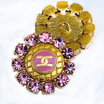 7900RH  CC Button in Matte Gold with Pink Epoxy and Rhinestones, 1-1/8"