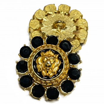 7915RH  Lion Head Button Gold and Black Center Quality Black Stones, 1-1/8"