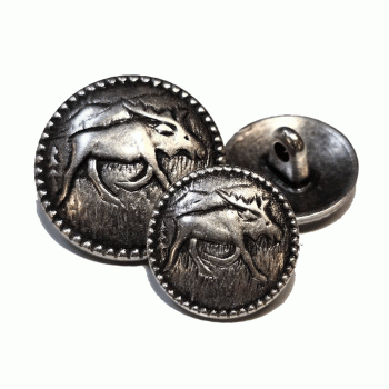 90690 - Antique Silver Metal Elk with Antlers Button,  2 Sizes