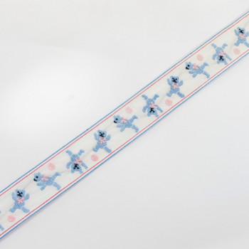 9122  Blue and Pink Jacquard Ribbon with Dancing Bear Design, 1-1/8" - Sold by the Yard