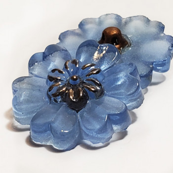 G-4015-3 Vintage Blue Flower-Shaped Glass Button, 7/8"