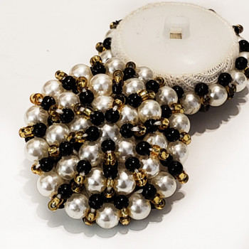 G-593 - Large Pearl, Gold, and Black Hand-Beaded Button