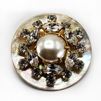 AA-1158 - Agoya Shell Base, Rhinestone and Gold Center, with Spray Pearl Center, 1-1/2"