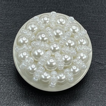 B-600 - White Hand-Beaded Button with Pearly White Base, 1-1/4"