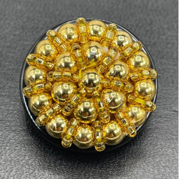 B-602 - Gold Hand-Beaded Button with Black Base, 1-1/4"
