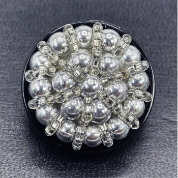 B-603 - Silver Hand-Beaded Button with Black Base, 1-1/4"