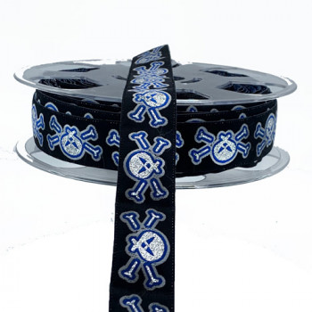 JM5-033 Metallic Silver and Navy Blue, Skull and Crossbones Pattern Jacquard Ribbon, 1" - Sold by the  Yard