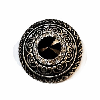 M-3177- Large Rhinestone stone Black center Antique Silver Metal  Button 1-3/16"