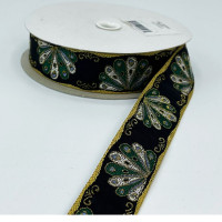 S-04768 Peacock Pattern Metallic Gold, Green and Black Ribbon - 1 inch