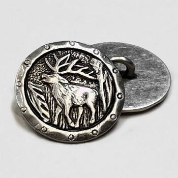 90682 - Antique Silver Metal Elk with Antlers Button, 5/8"