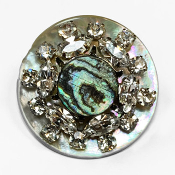 AA-1157- Natural Agoya Shell with Rhinestones and NZ Abalone Shell Center, 1-1/2"