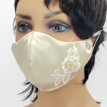 AFM-205 Ivory Satin-Look Protective Face Mask with Rhinestone and Embroidery Applique — Sold per piece or in Packs of 5