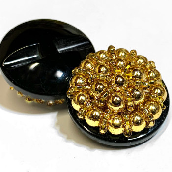 B-602 - Gold Hand-Beaded Button with Black Base, 1-1/4"