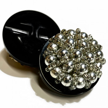 B-603 - Silver Hand-Beaded Button with Black Base, 1-1/4"