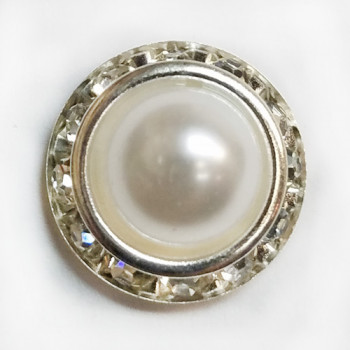 RHP-1807  Pearl and Rhinestone Button on Silver Metal Base, 3 Sizes